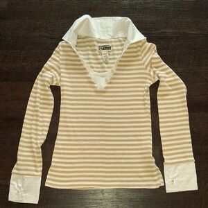 Vintage Route 66 Beige and White Striped Long Sleeve Top
